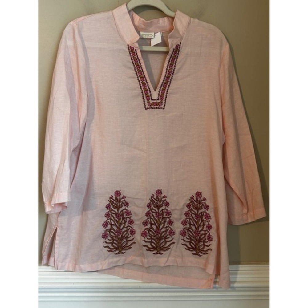 Spartina‎ 449 Size L Everleigh Tunic Pink Tencel Linen Blend Embroidered Floral